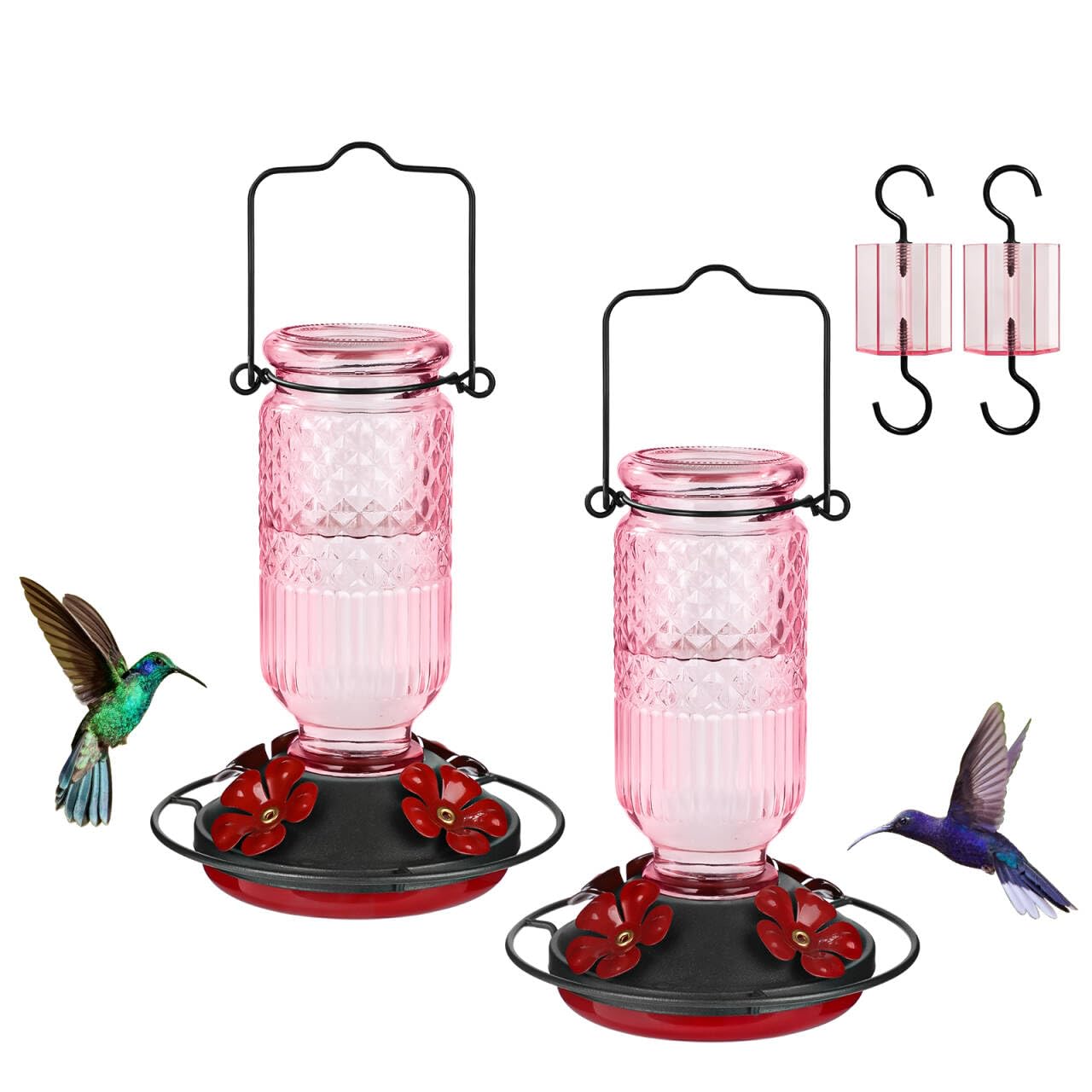 FEED GARDEN glass hummingbird feeder 16-oz in pink for outdoor nectar visits.