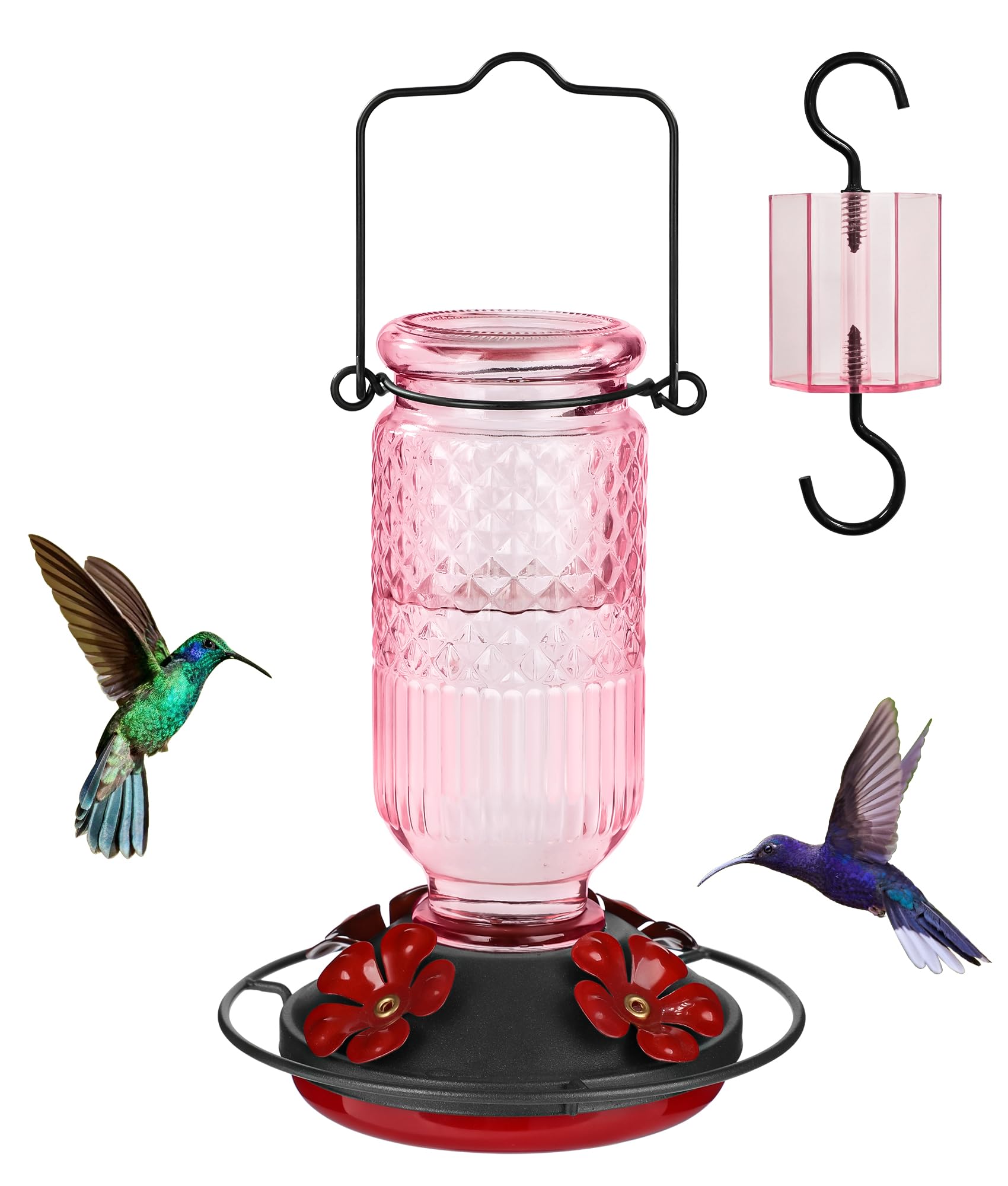 FEED GARDEN glass hummingbird feeder in pink with 16 oz capacity outdoors