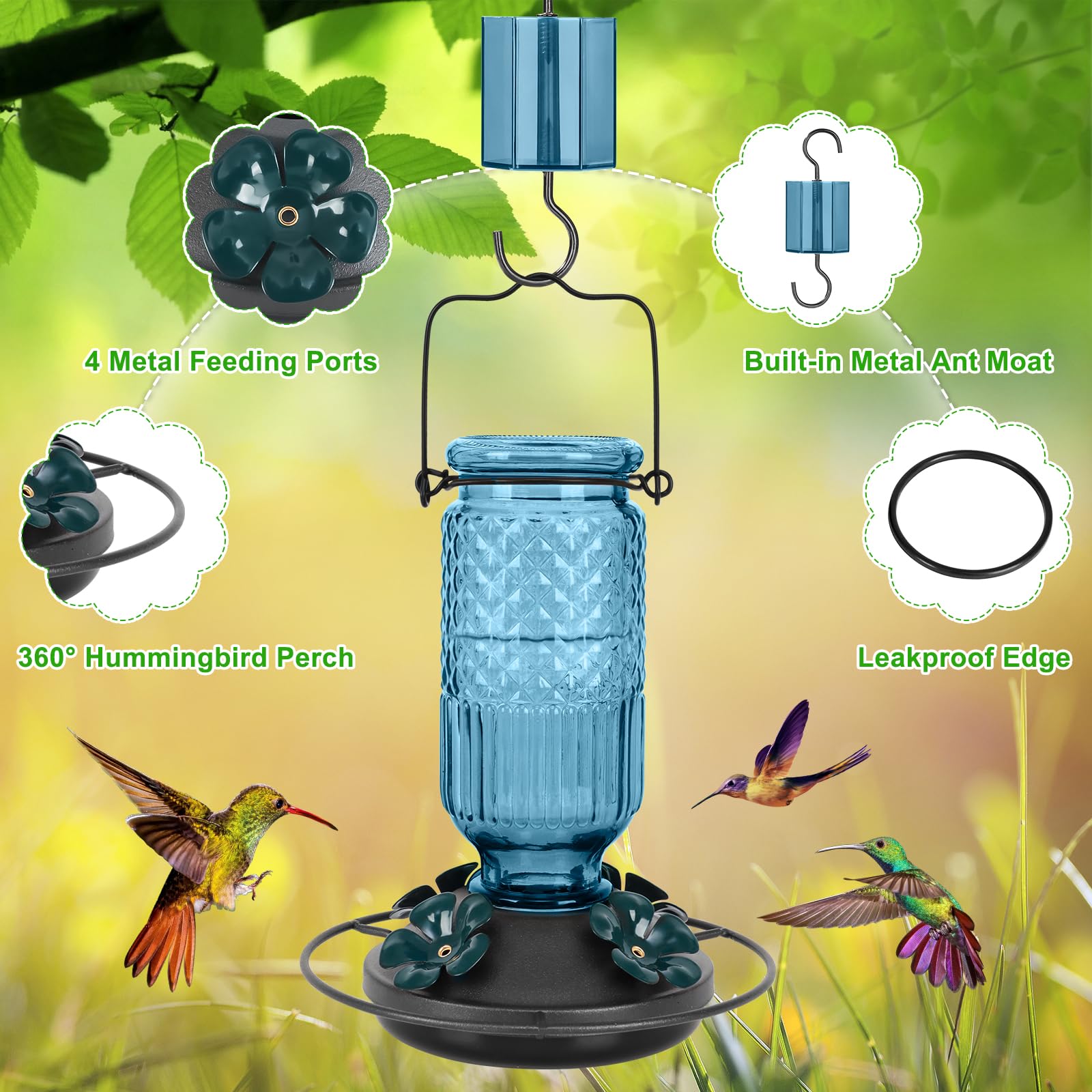 FEED GARDEN Glass Hummingbird Feeder provides 360-degree perches for visiting birds