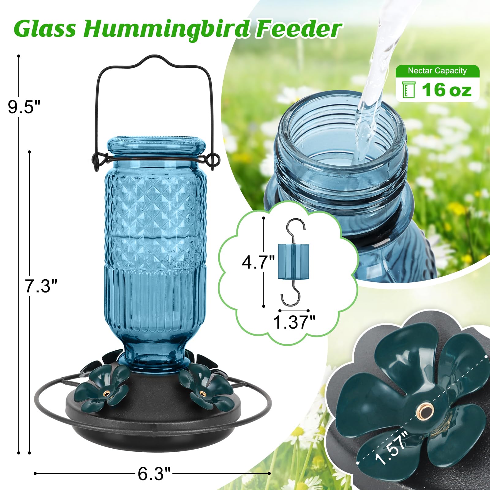 FEED GARDEN Glass Hummingbird Feeder features built-in ant moat for cleaner nectar