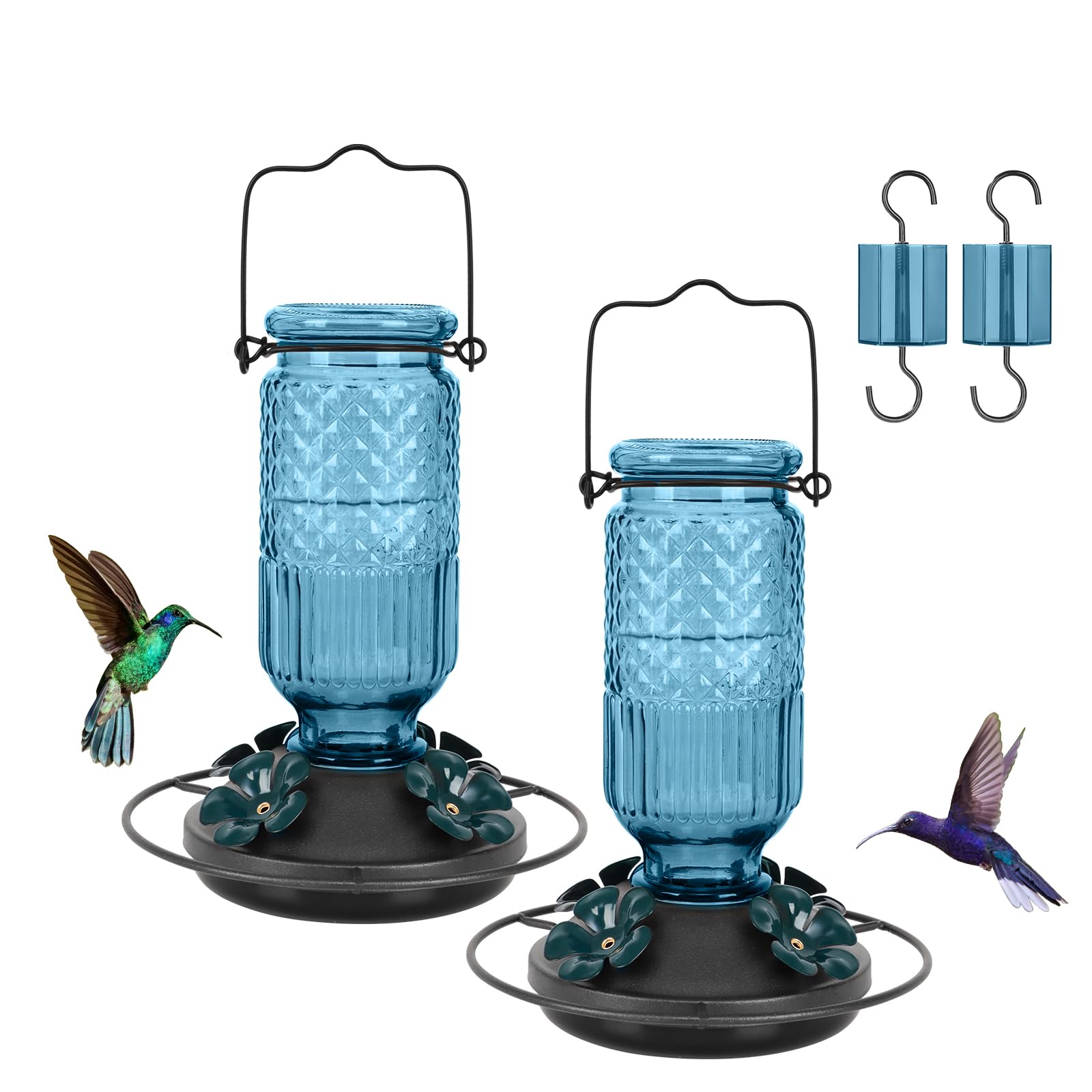 FEED GARDEN glass hummingbird feeder with bee guard ports for outdoor feeding.