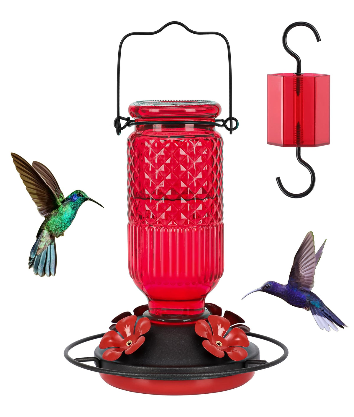 FEED GARDEN glass hummingbird feeder in red with 16 oz capacity for outdoor feeding