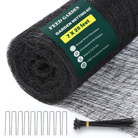 FEED GARDEN heavy-duty deer netting protects vegetables across a 7x25ft garden