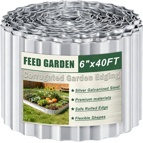 FEED GARDEN heavy-duty galvanized steel edging forms a durable border for flower beds.