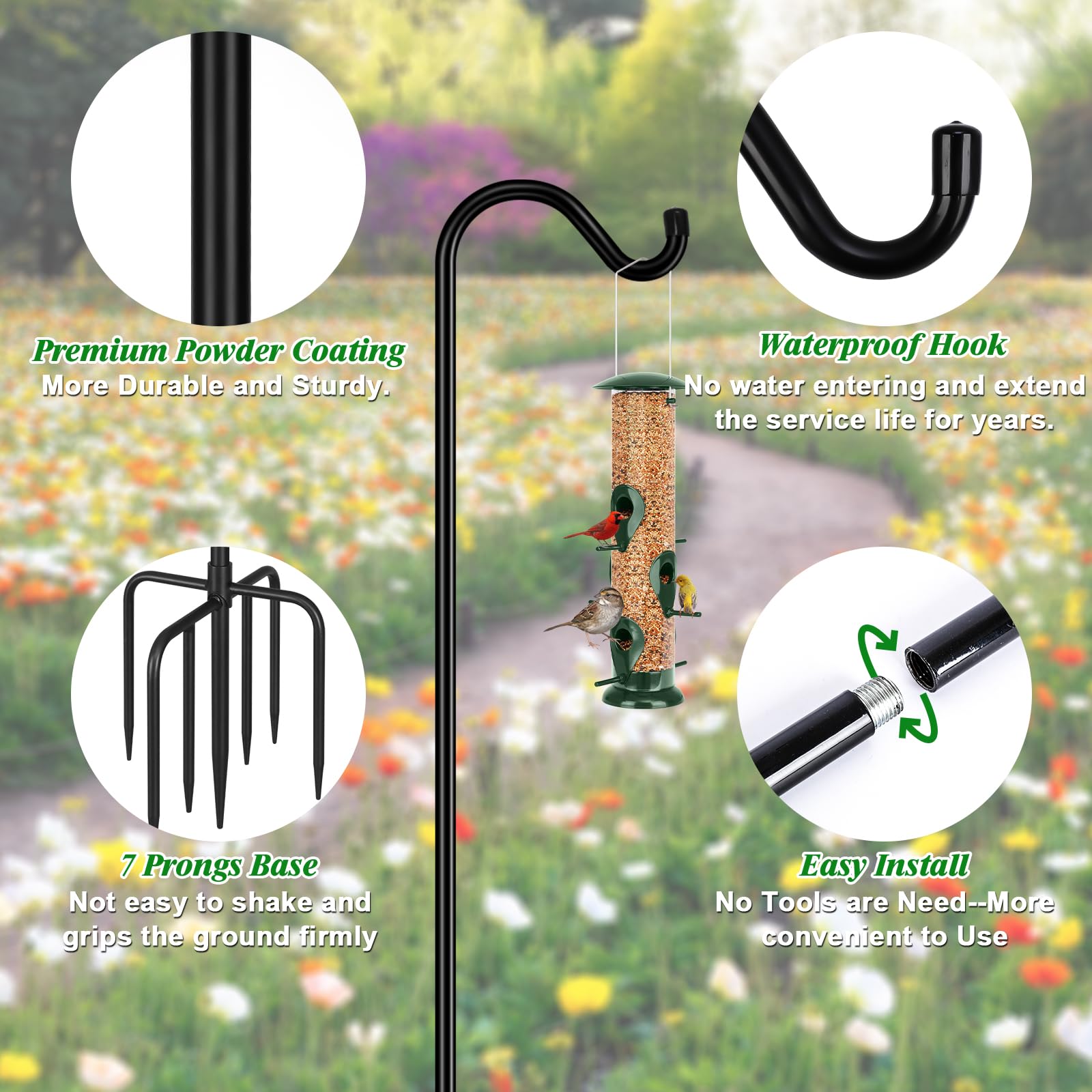 Heavy-duty shepherd hook shows adjustable height for lanterns and planters.