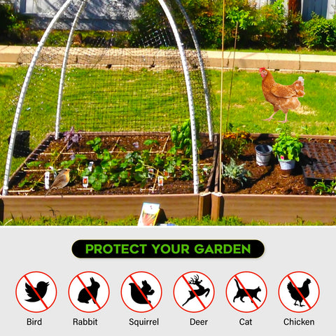 FEED GARDEN stakes and zip ties stabilize the netting for quick setup.