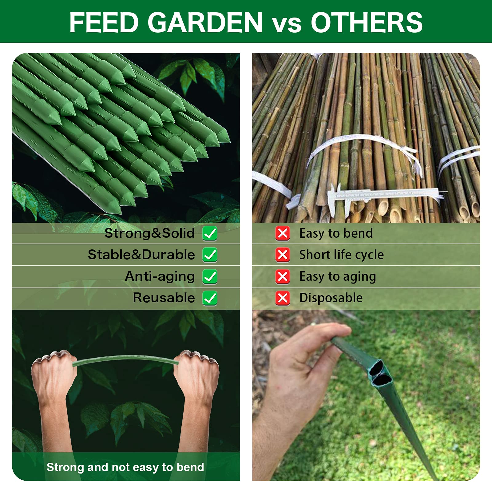 FEED GARDEN stake installed in soil supporting a tomato plant
