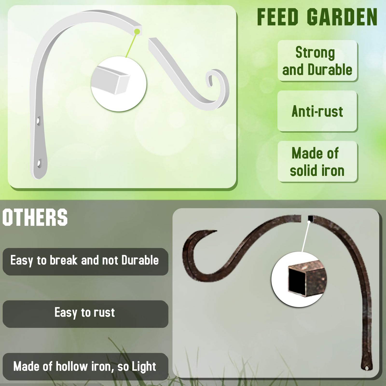 FEED GARDEN iron wall hook outdoors with bird feeder, sturdy garden accent.
