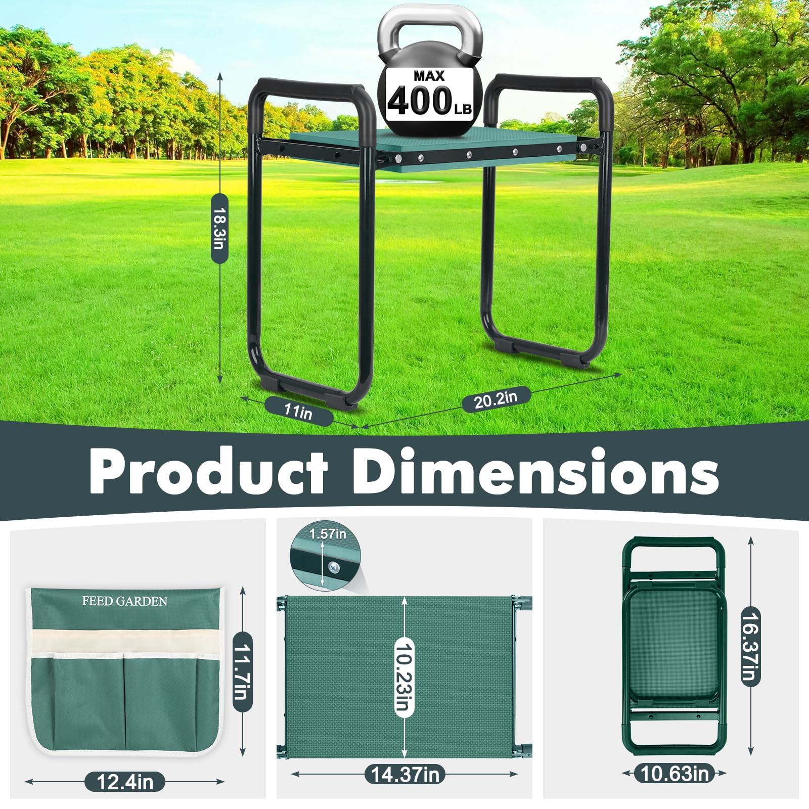 FEED GARDEN kneeler folded for compact portable storage and transport.