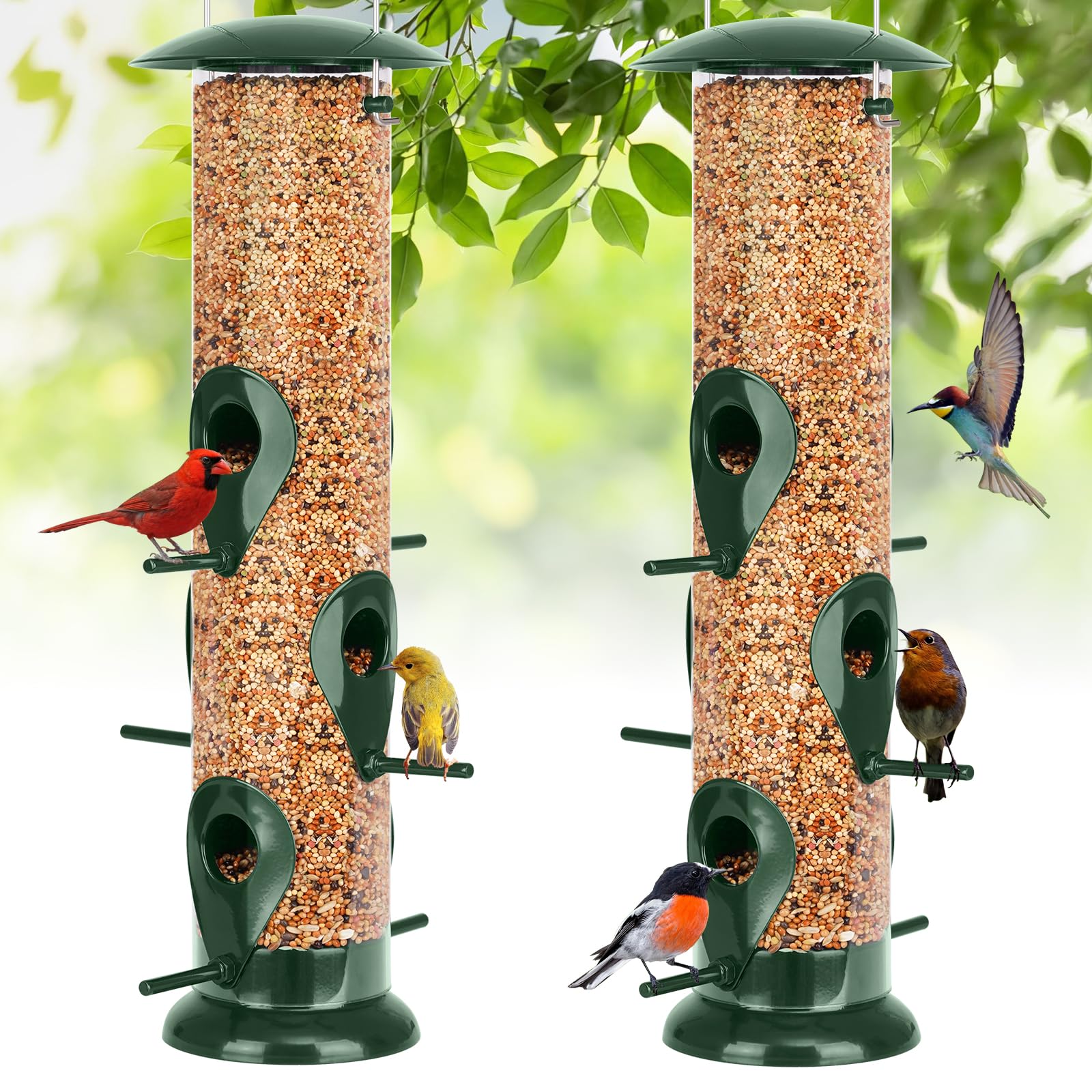 FEED GARDEN metal bird feeder with six-port tube for multiple birds.