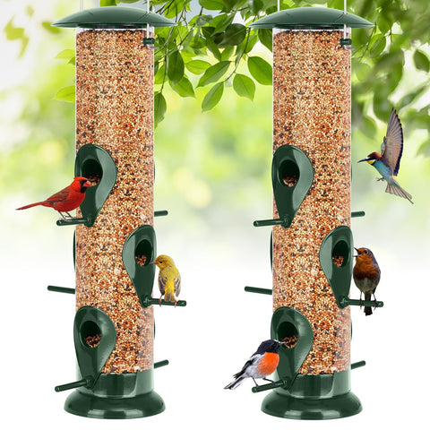 FEED GARDEN metal bird feeder with six-port tube for multiple birds.