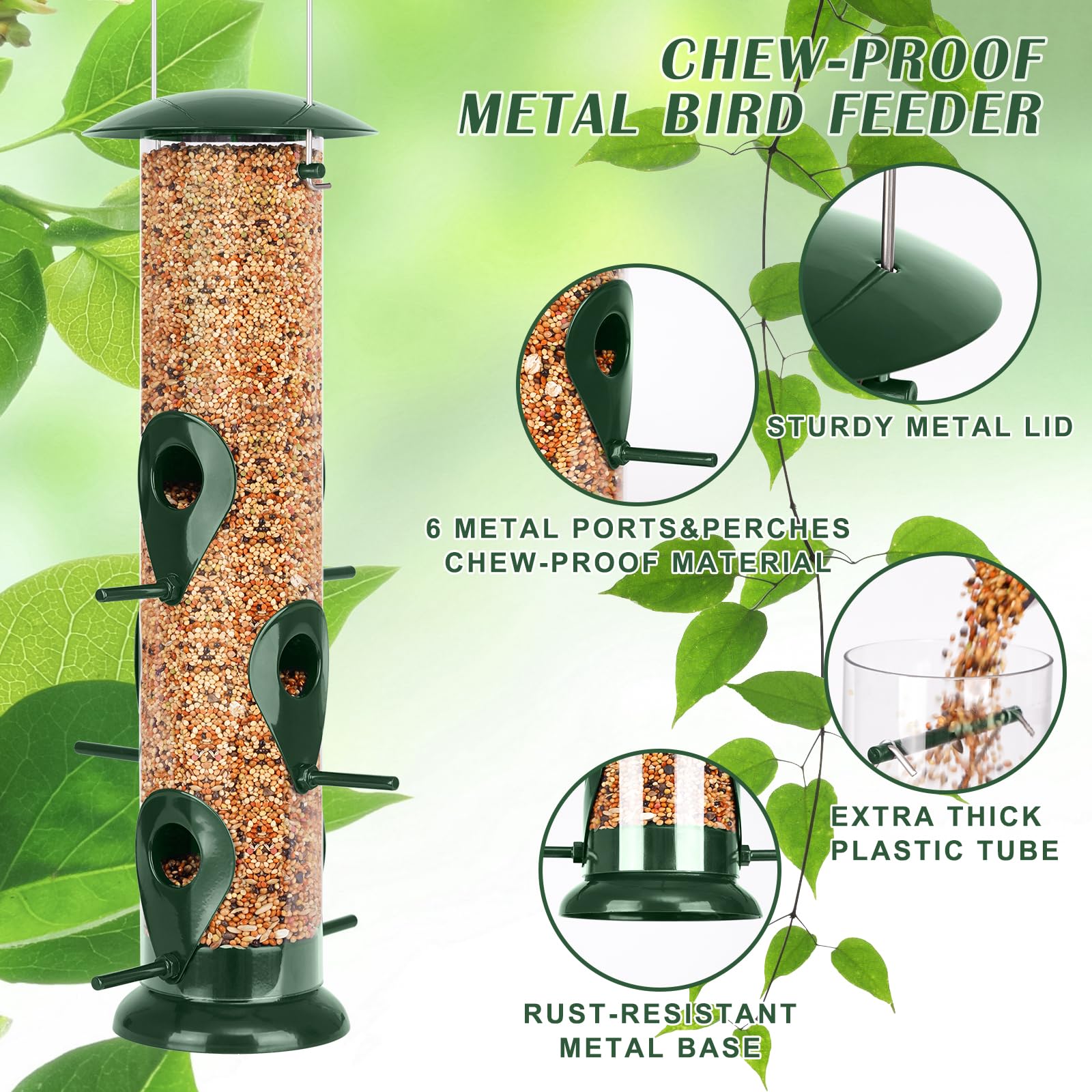 FEED GARDEN metal bird feeder six ports with sturdy perches for multiple birds.