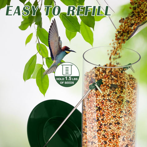 FEED GARDEN metal bird feeder transparent tube allows easy seed monitoring.