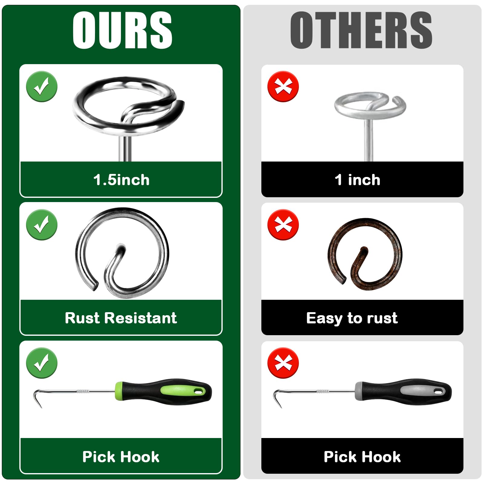 FEED GARDEN pick hook helps pull out pins without damage.