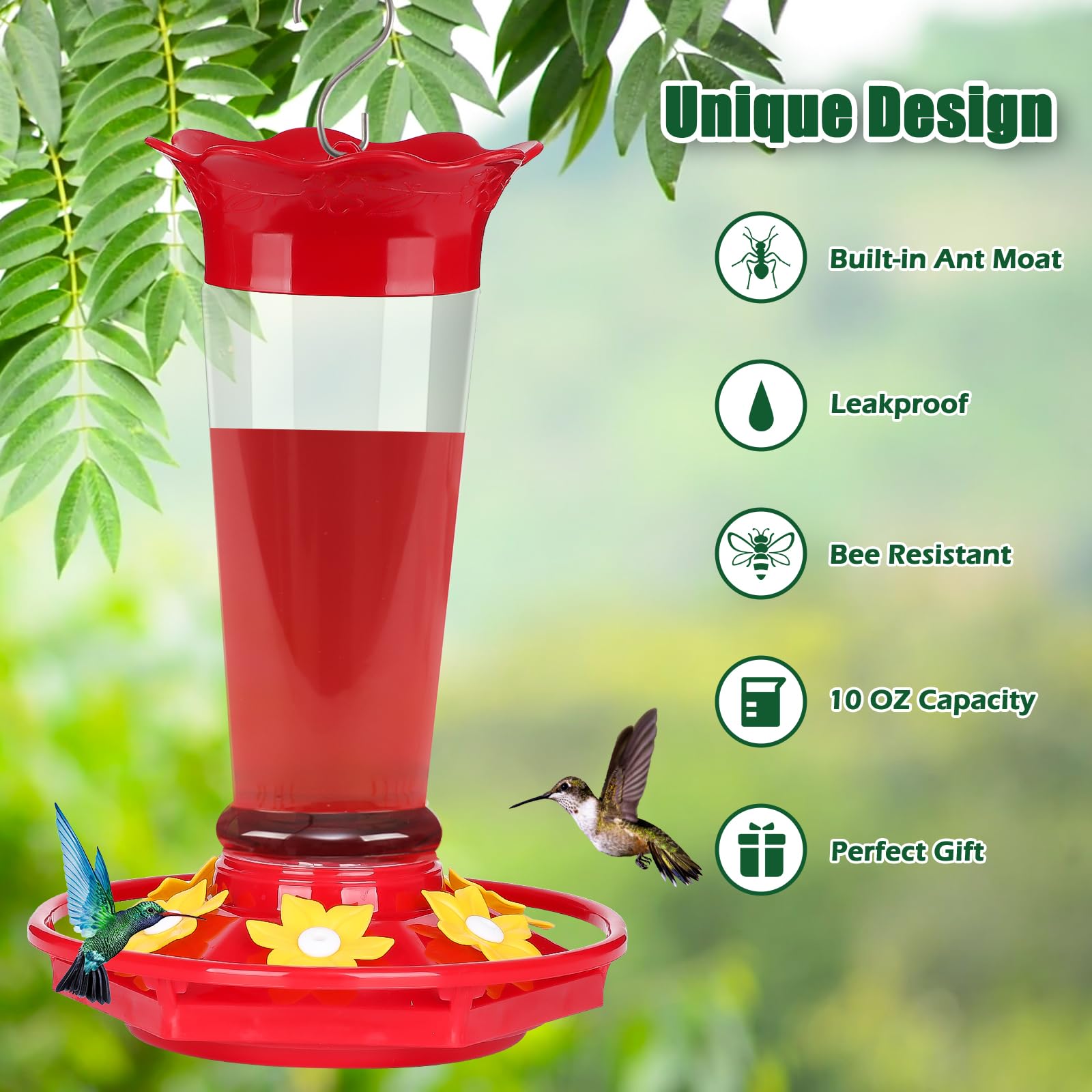 FEED GARDEN red durable plastic feeder for outdoor use.
