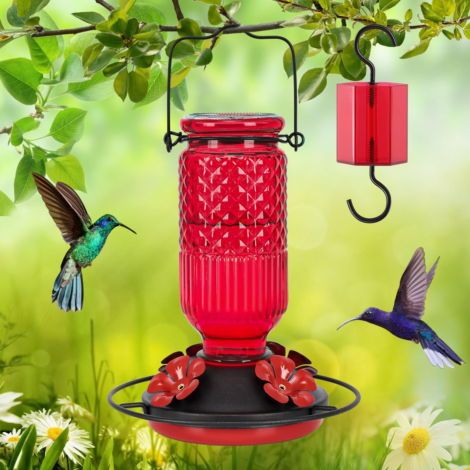 FEED GARDEN red hummingbird feeder adds color and attracts visitors