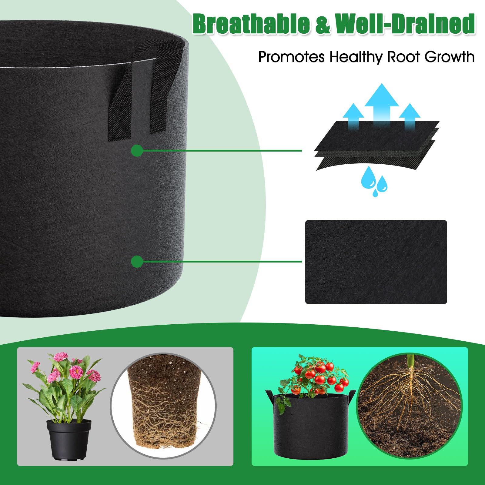 FEED GARDEN reinforced handles, double-stitched for easy lifting even when wet.