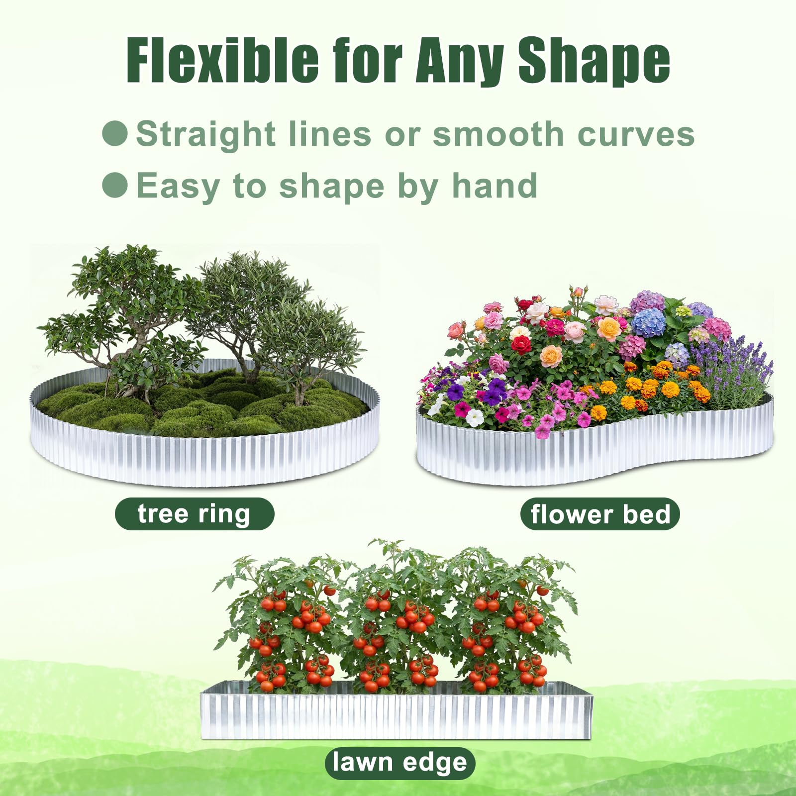 FEED GARDEN rust-resistant metal border keeps mulch and soil neatly contained.