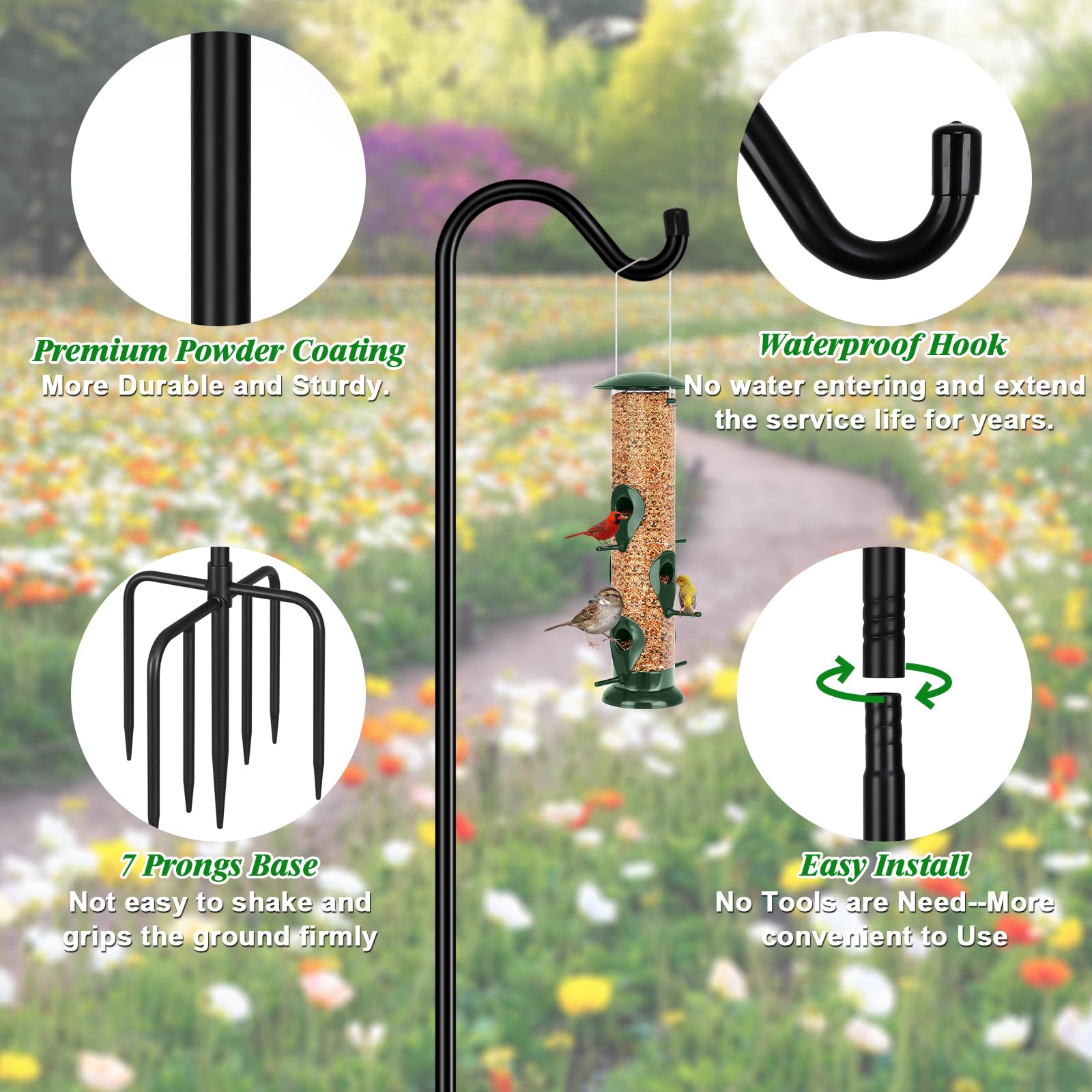 FEED GARDEN Shepards Hook height-adjustment demonstrates flexible hanging height for lanterns and baskets.