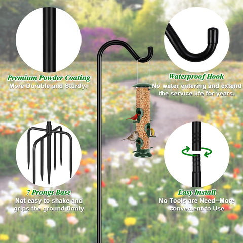 FEED GARDEN Shepards Hook height-adjustment demonstrates flexible hanging height for lanterns and baskets.