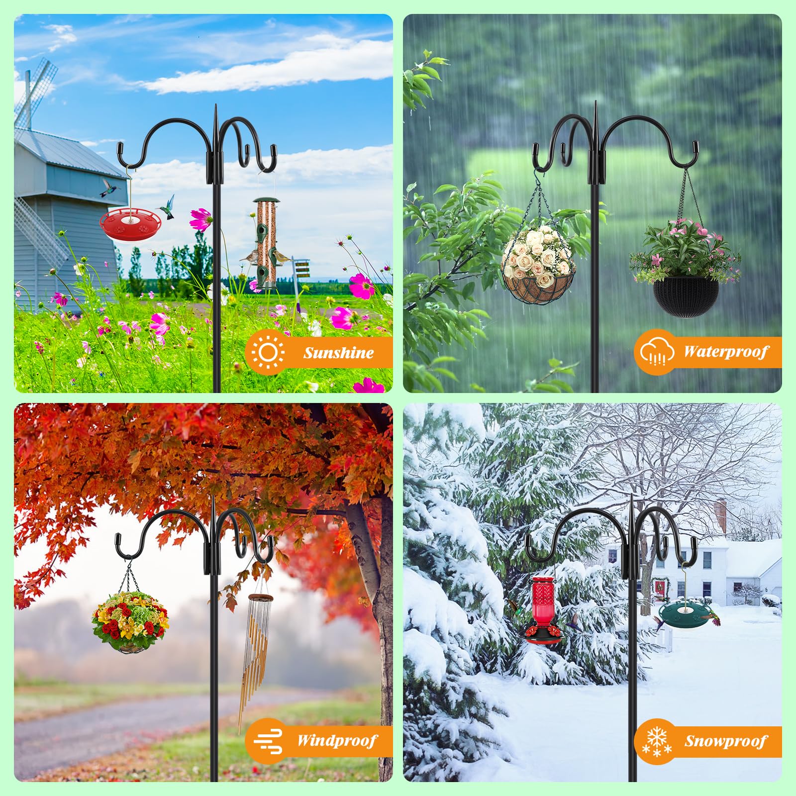 FEED GARDEN Three extender poles extend reach for varying planter and lantern needs.