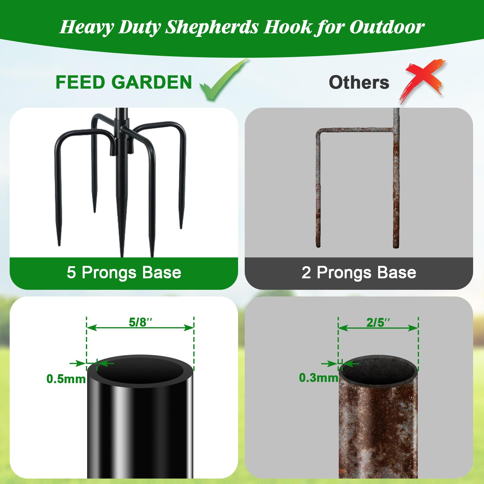 FEED GARDEN Wide-application hook for garden decor and feeders.