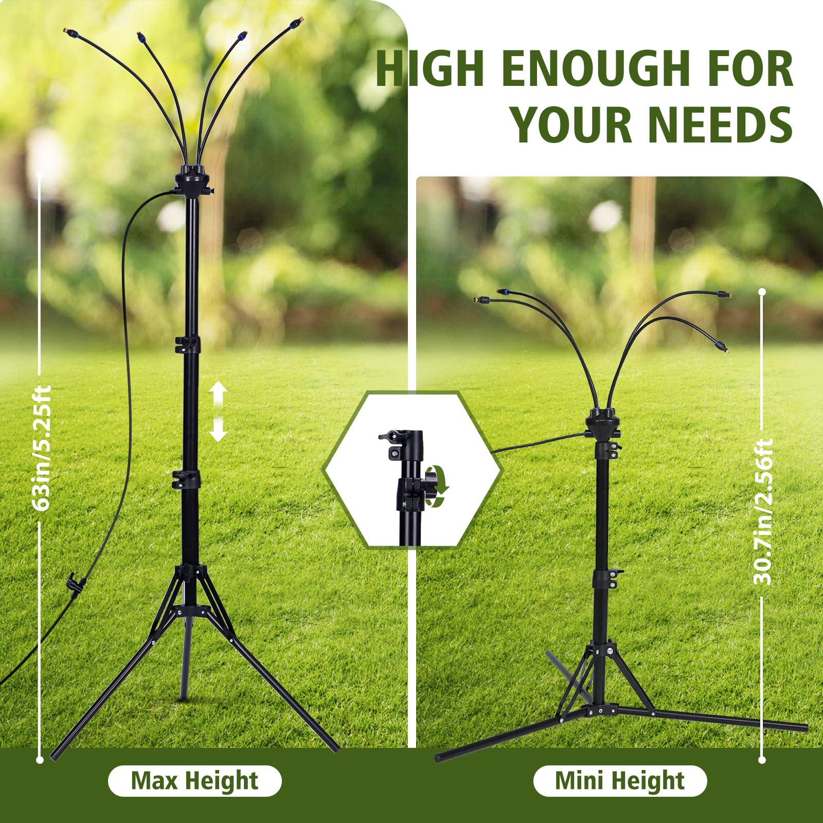 Feemiyo tripod base offers stable misting on patios, decks, and lawns.