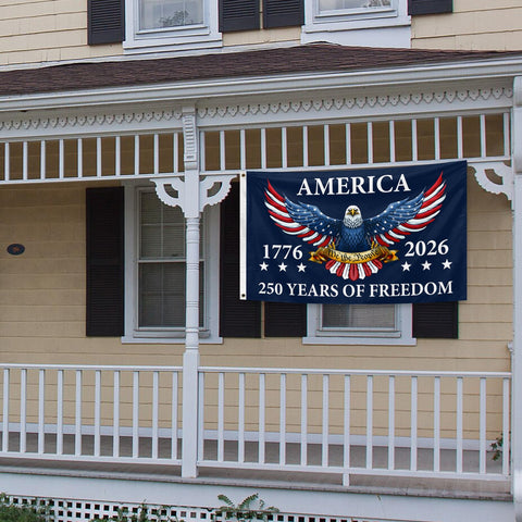 Feeniss 1776-2026 design on a large flag for anniversary celebration