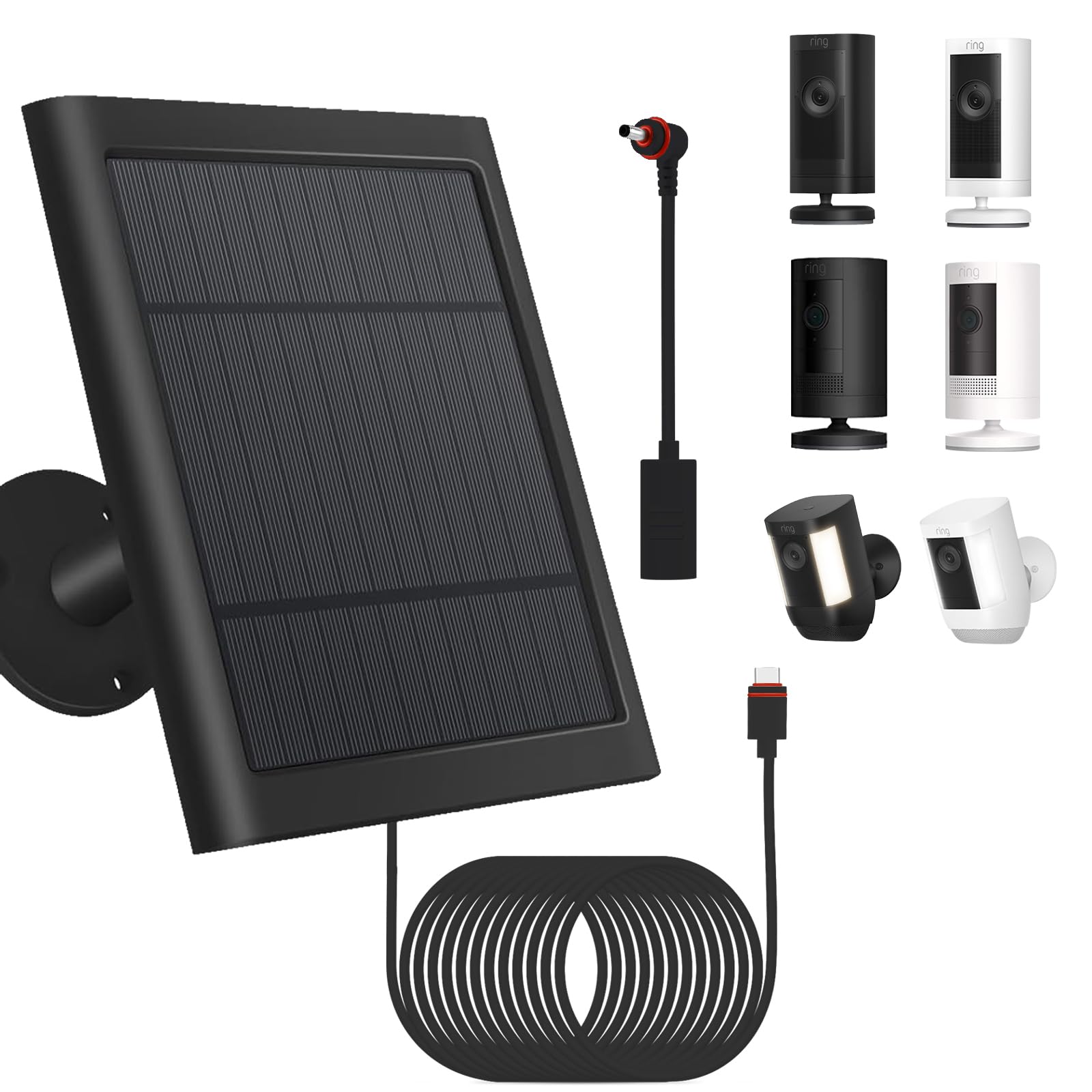 Fehuatenda solar panel front view powering Ring camera in bright sun