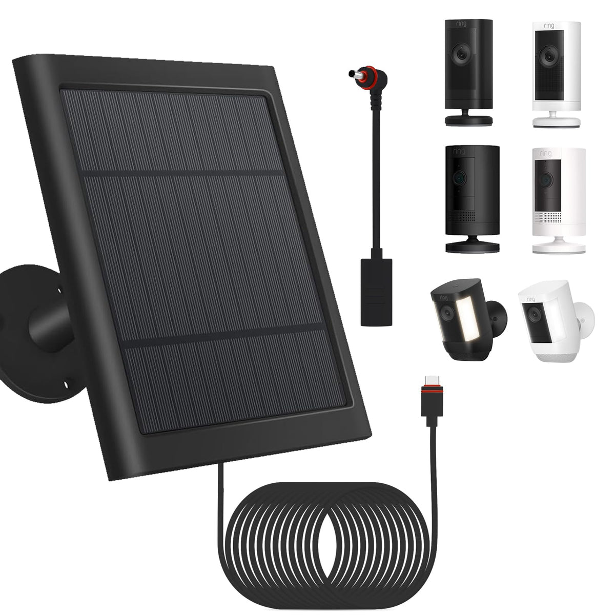 Fehuatenda solar panel front view powering Ring camera in bright sun