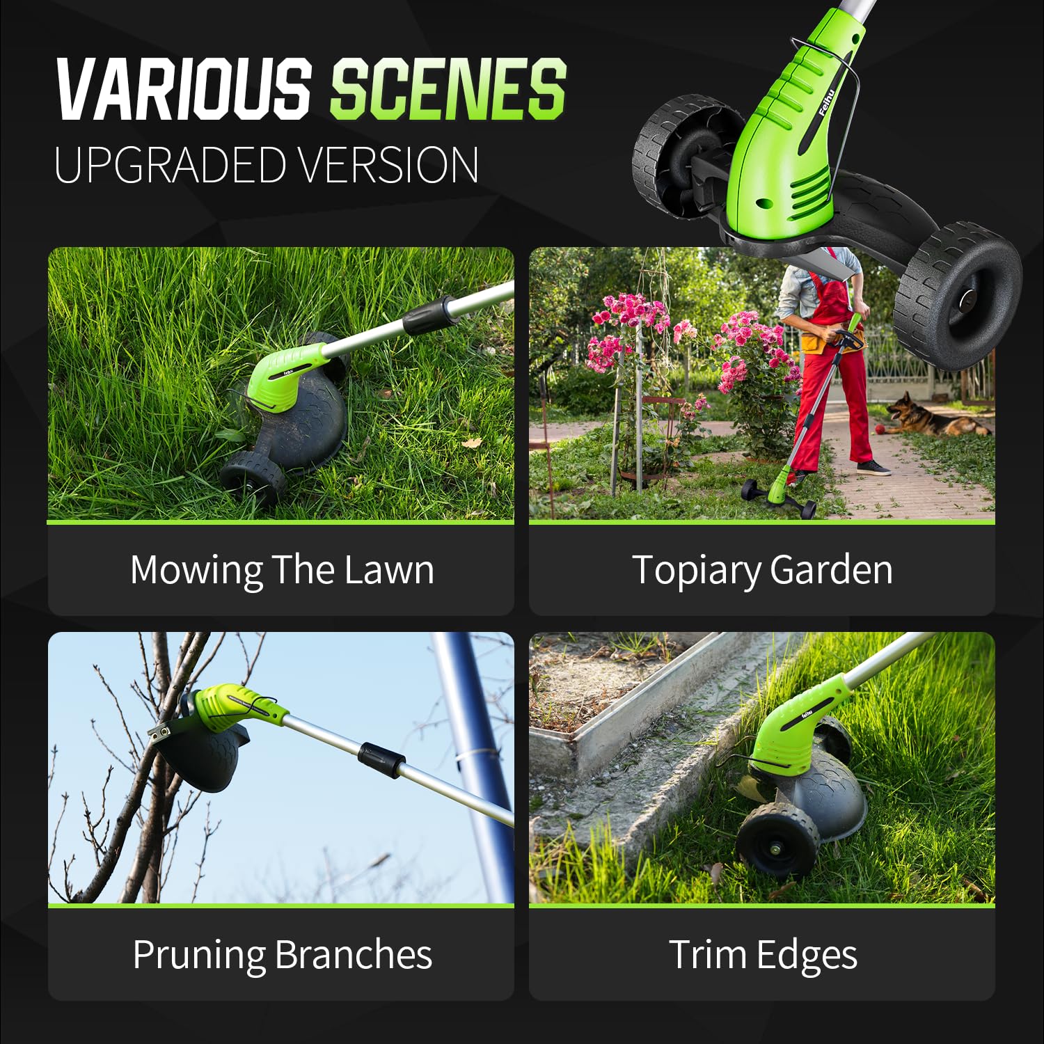 Feihu convertible design switches between trimmer and wheeled edger quickly.