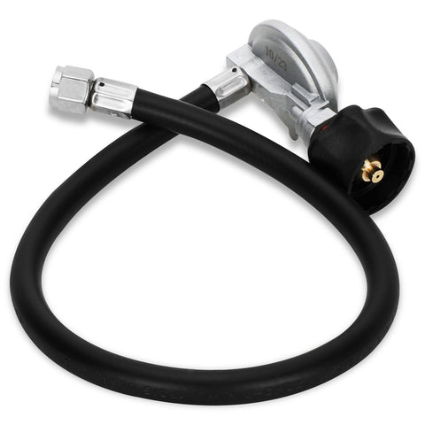 Feikeer 25in Weber hose and regulator kit connects securely to the grill's front panel for reliable heat control.