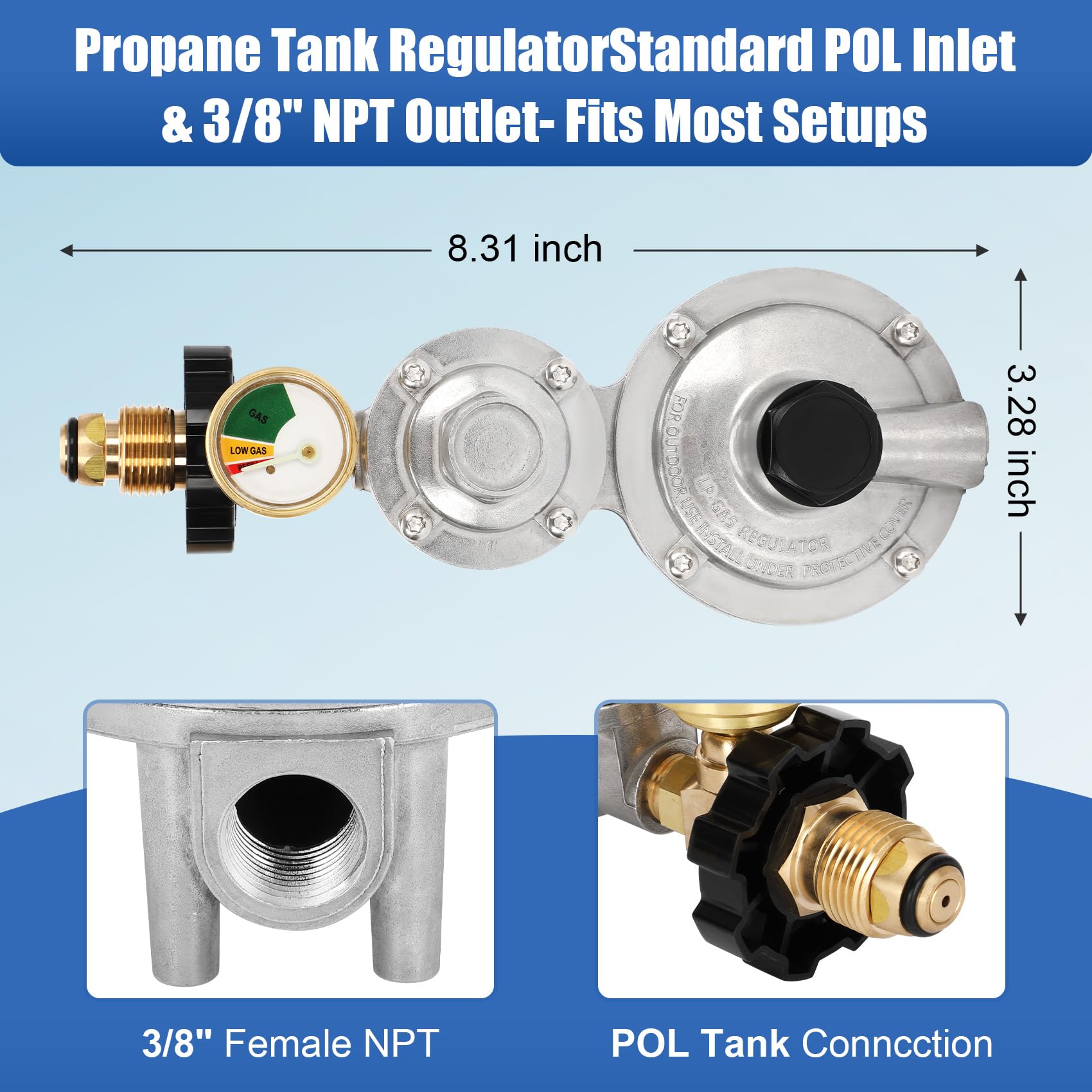 Feikeer propane regulator with POL connection for secure tank hookup.