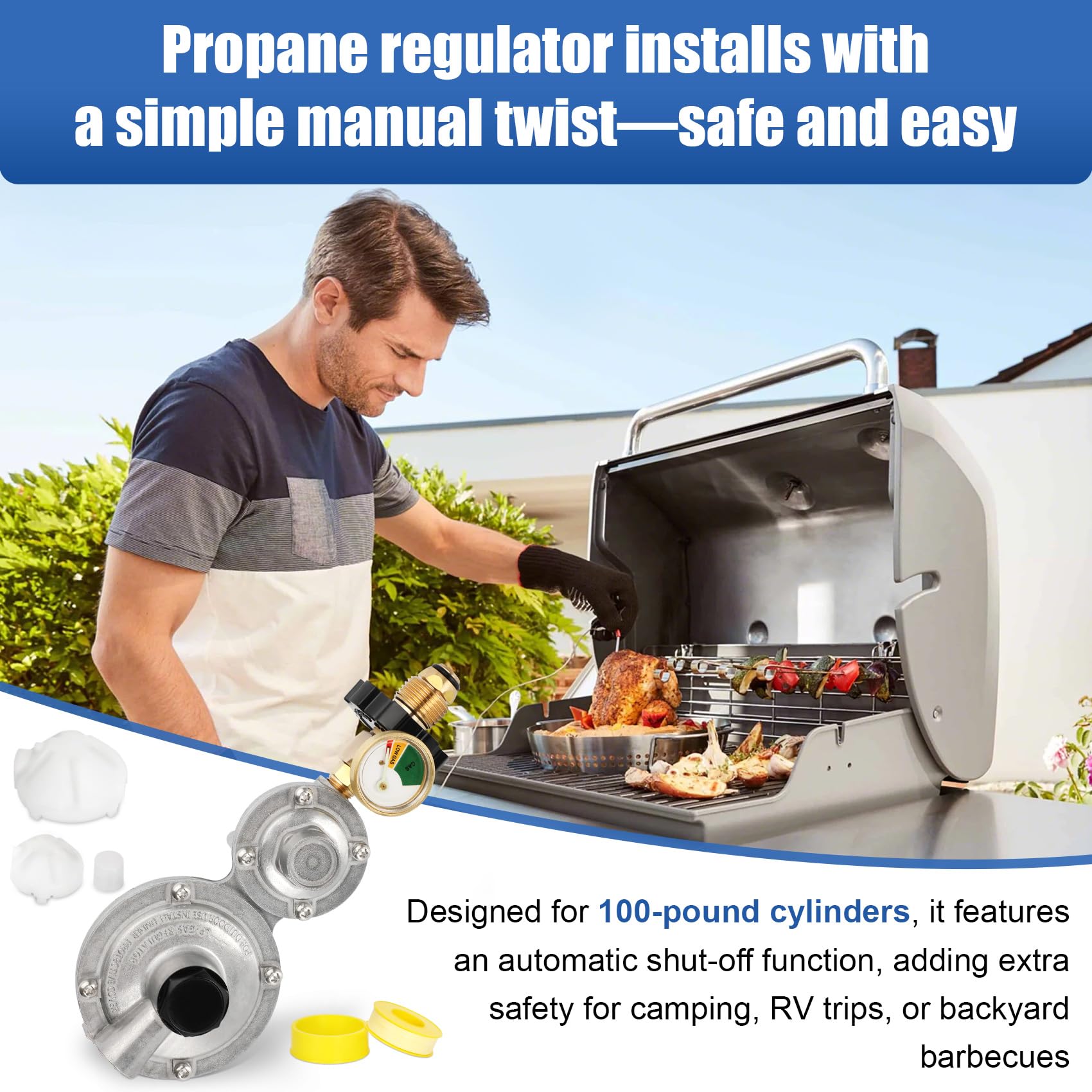 Feikeer regulator with gauge assists pressure monitoring on RV trips.