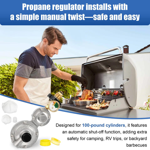 Feikeer regulator with gauge assists pressure monitoring on RV trips.