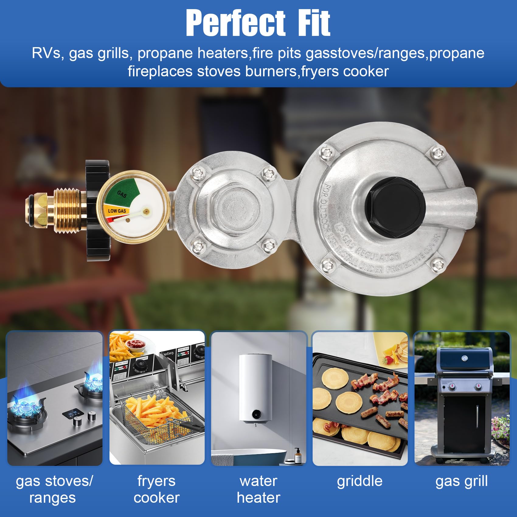 Feikeer dual-stage regulator suitable for grills, heaters, and RV appliances.