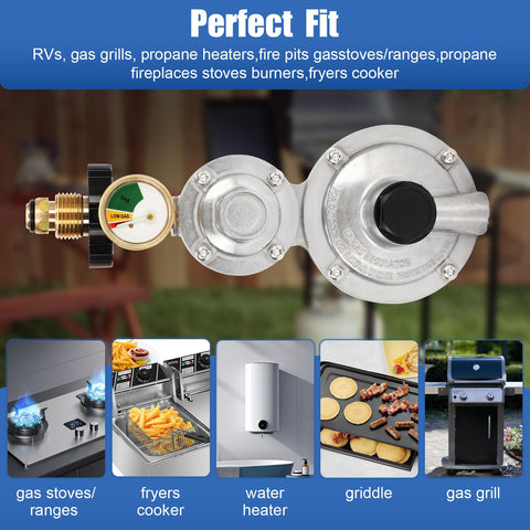 Feikeer dual-stage regulator suitable for grills, heaters, and RV appliances.