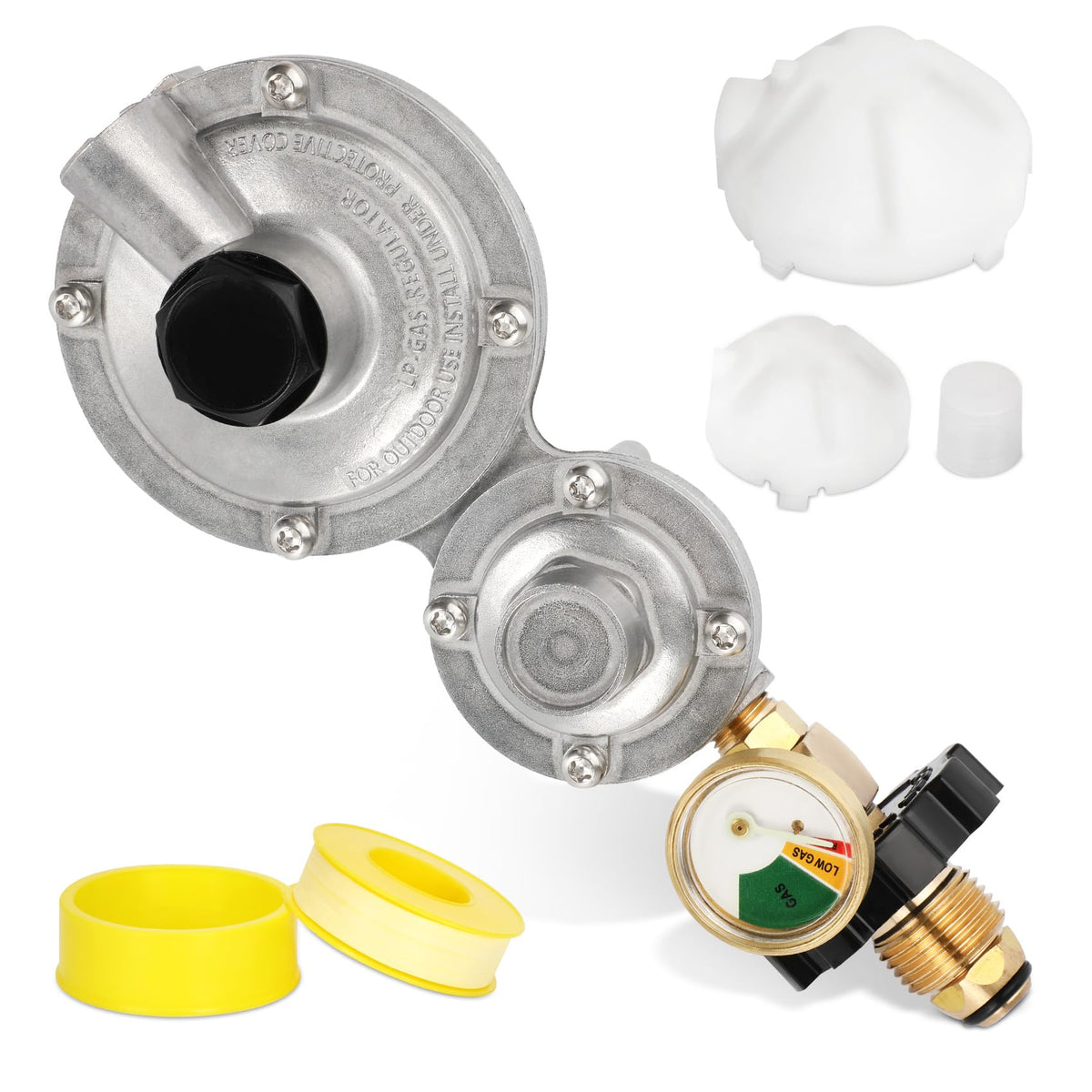 Feikeer vertical 2-stage regulator with gauge for steady propane flow.