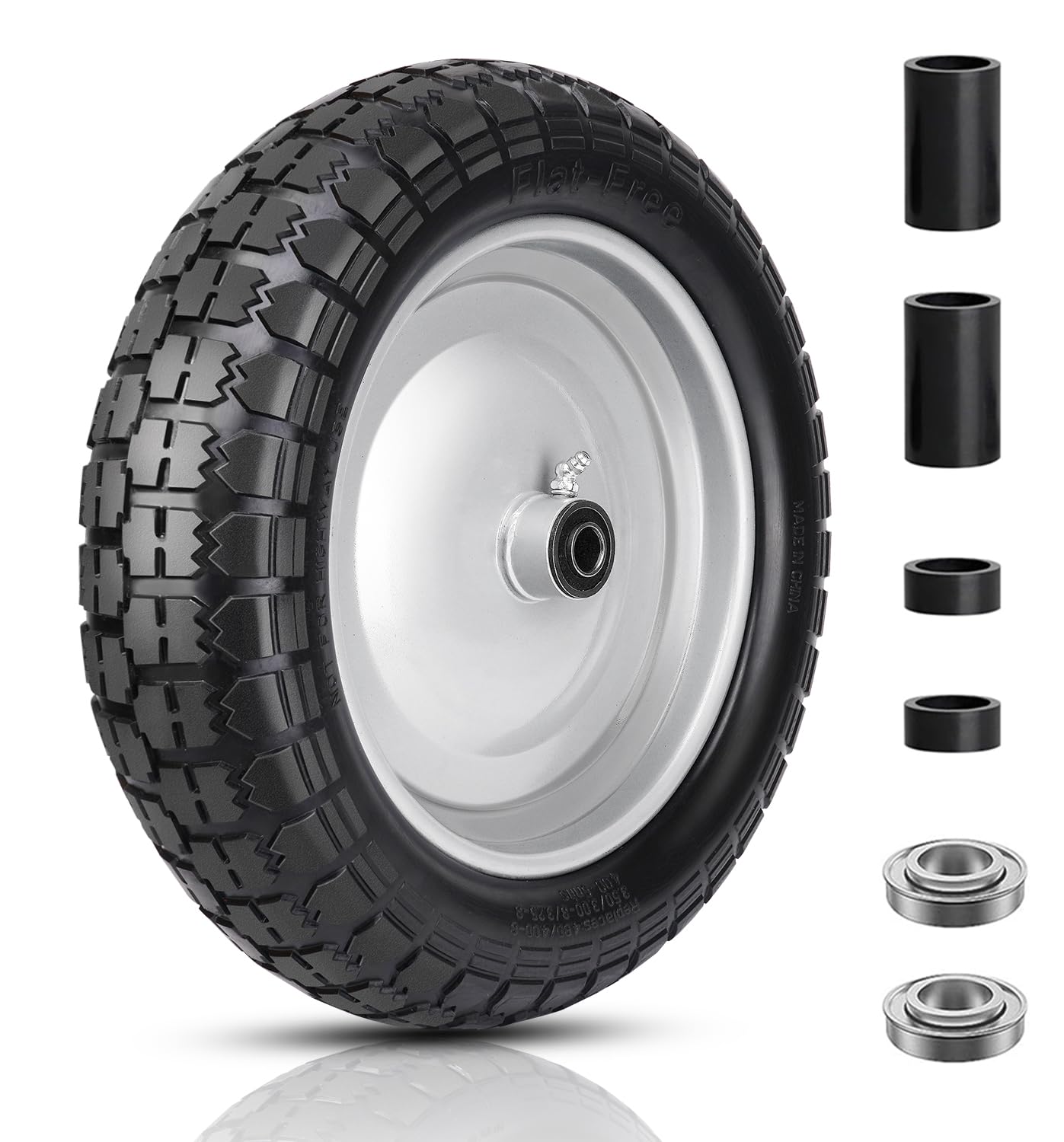 FEILOONG flat-free tire 14.5-inch close-up, showing puncture resistance for tough garden tasks.