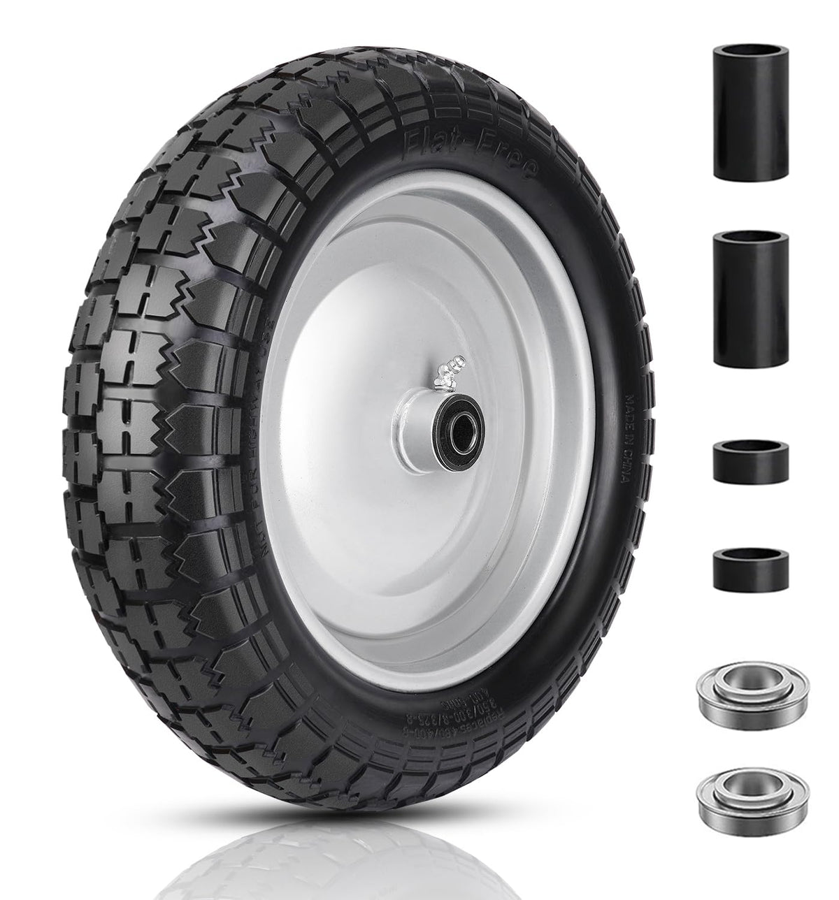 FEILOONG flat-free tire 14.5-inch close-up, showing puncture resistance for tough garden tasks.