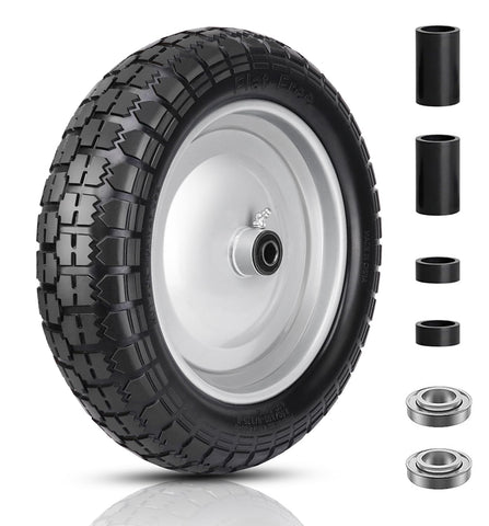 FEILOONG flat-free tire 14.5-inch close-up, showing puncture resistance for tough garden tasks.