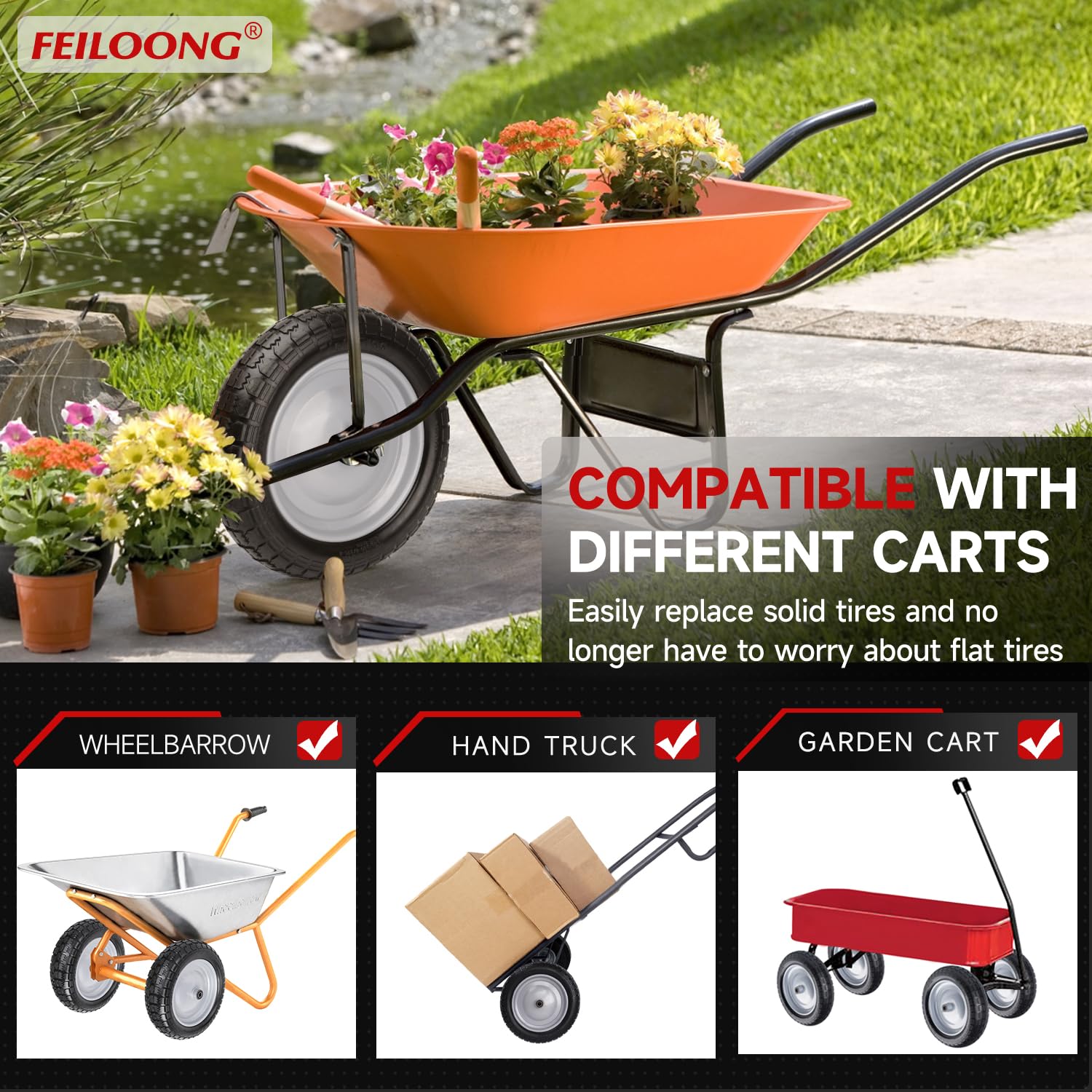 FEILOONG universal compatibility supports 13–16 inch tires and 4.80/4.00-8 models.