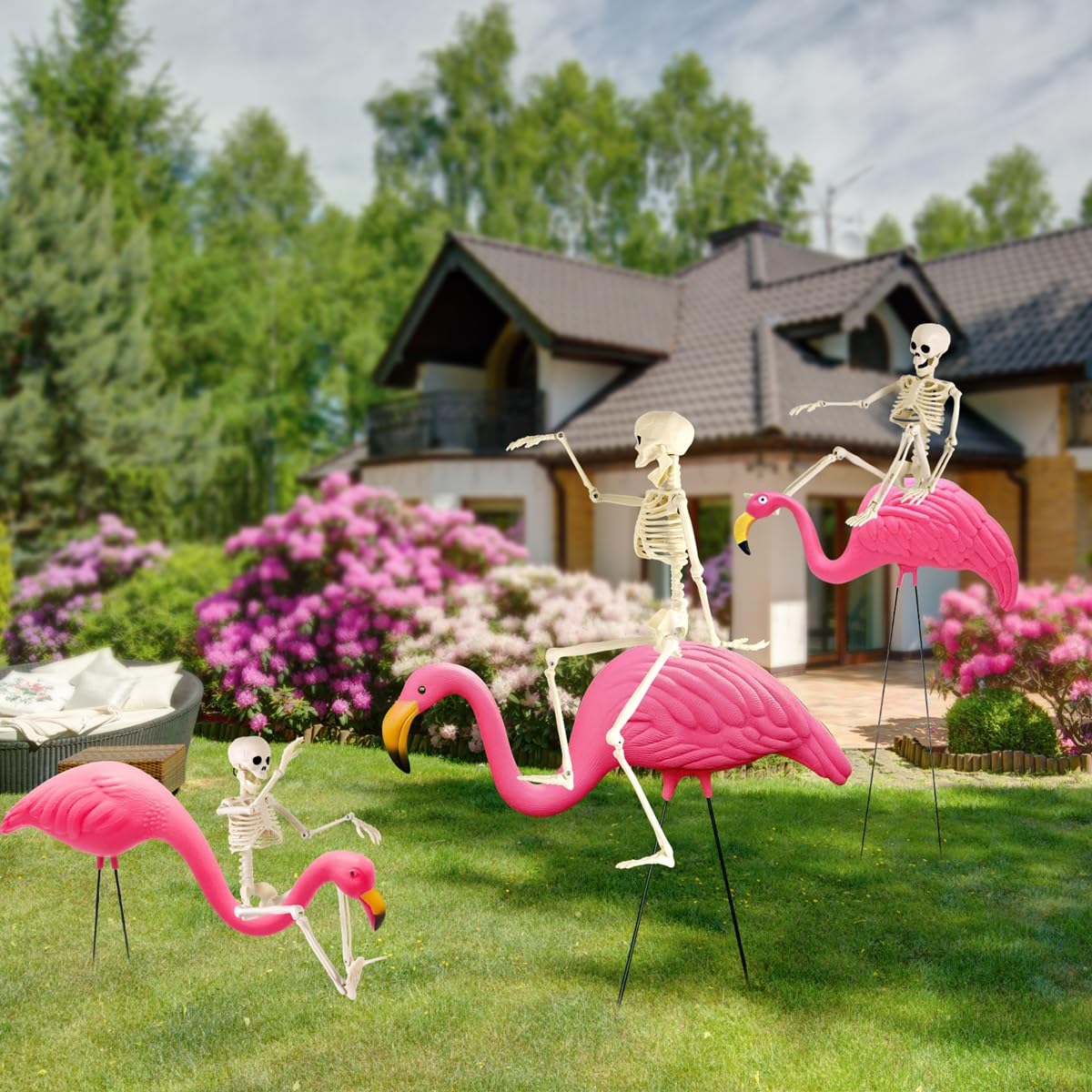 Feir 5-pack skeletons offer versatile indoor or outdoor decorating options.