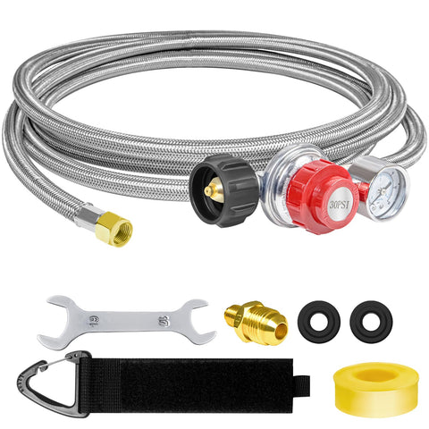 Feirenql regulator with 12ft hose and gauge for precise outdoor cooking control.