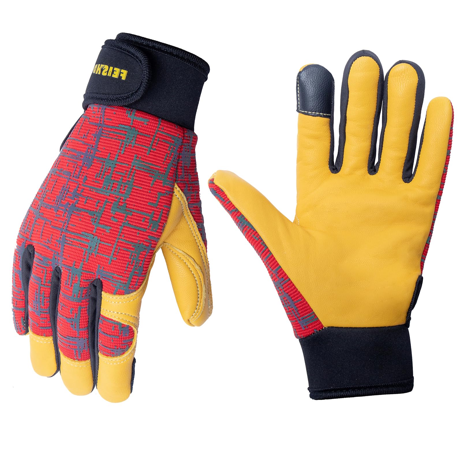 FEISHDEK kids leather work gloves red front view showing soft leather and snug fit