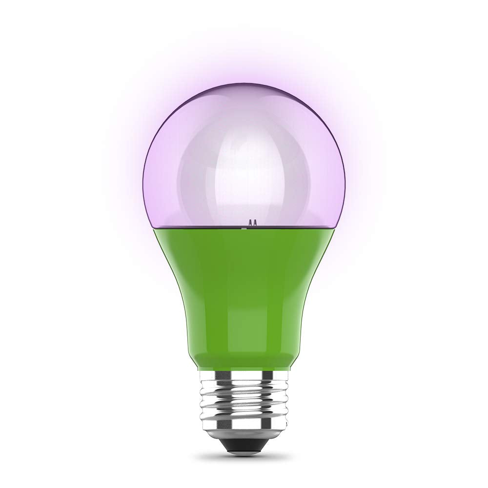 Feit Electric A19 grow light packaging demonstrates easy replacement and energy efficiency.