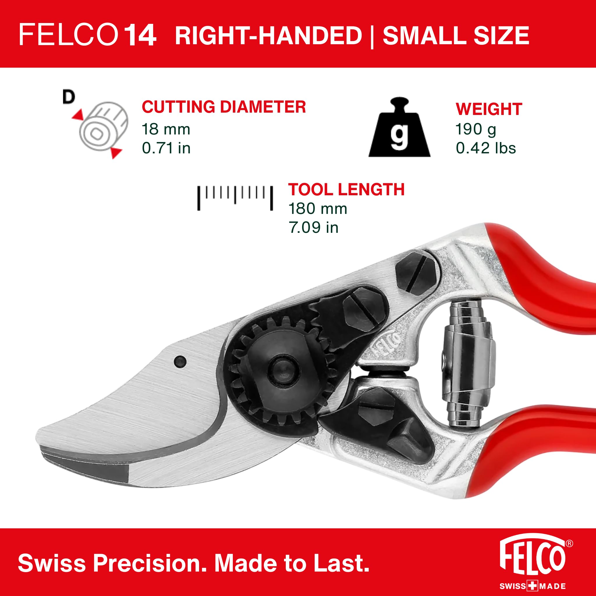Felco F14 lightweight forged aluminium handles for extended use.