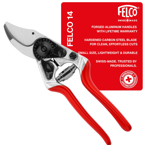 Felco F14 pruning shears with angled cutting head offering ergonomic cuts.