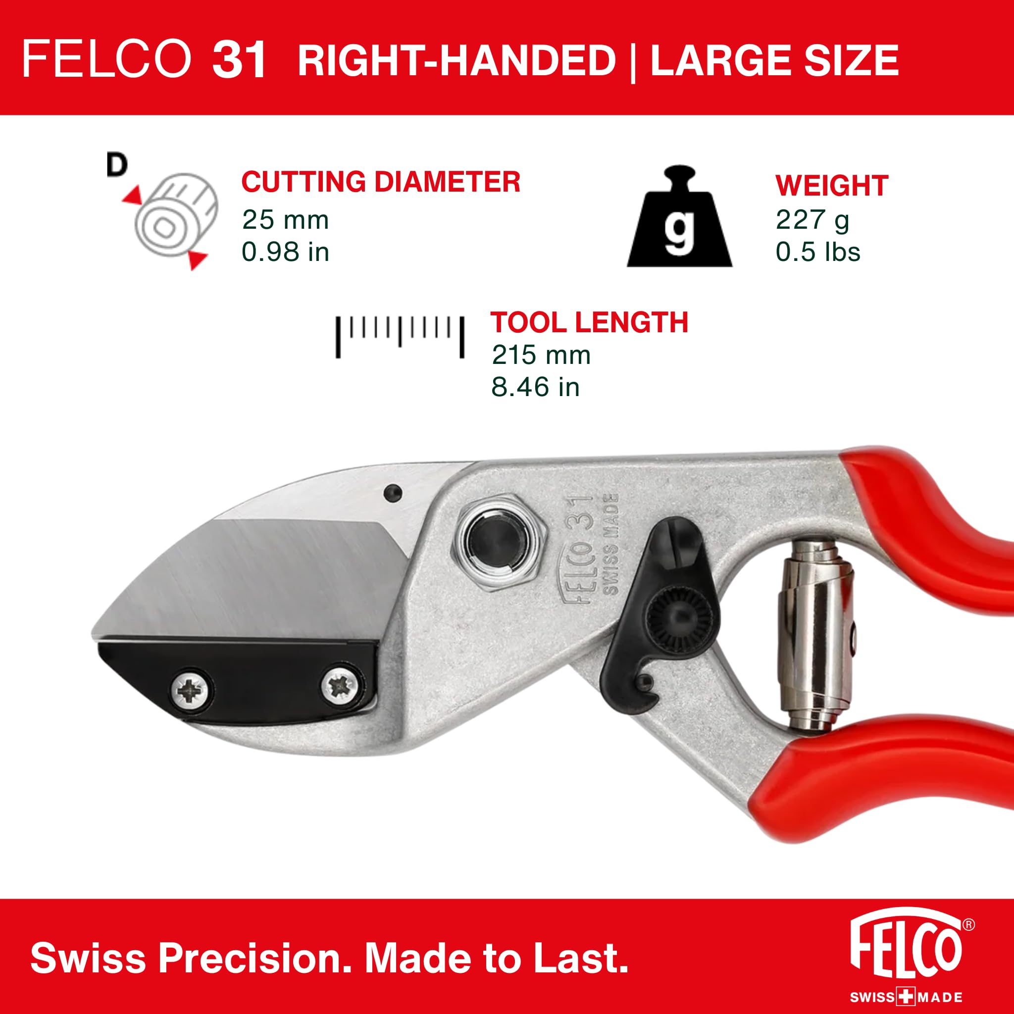 FELCO F31 aluminum handle provides lightweight control during pruning