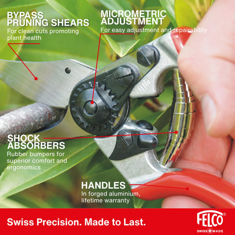 Hardened steel blade on FELCO F6 delivers reliable cuts.